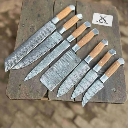 7-Piece Handmade Chef Knife Set — Pattern-Welded Damascus Blades with Natural Wood Handles (Professional Kitchen Set)