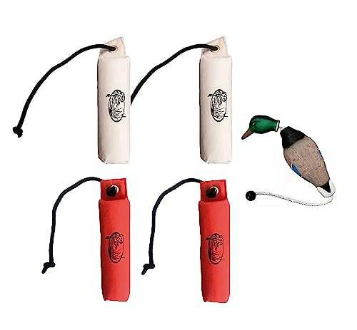 HuntEmUp Hunting Dog Training Equipment - 4 pc Canvas Bumpers With Throw Ropes + Dead Fowl Mallard Dummy