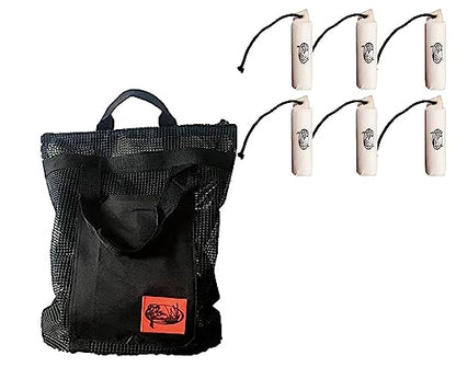 HuntEmUp Hunting Dog Essentials Training Kit - 6 pc Large Canvas Dog Training Bumper White with Throw Rope + Bumper Mesh Bird Bag with Adjustable Strap