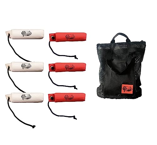 HuntEmUp Hunting Dog Training Equipment - 6 pc Canvas Bumpers With Throw Ropes  + Mesh Bumper Bag