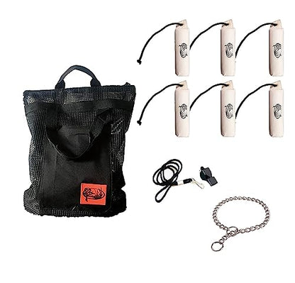 HuntEmUp Hunting Dog Essentials Training Kit - Large White Canvas Bumper 6pc + Mesh Bumper Bag + Whistle & Lanyard + Training Chain