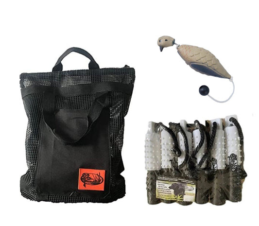 HuntEmUp Hunting Dog Essentials Training Kit - Mourning Dove Dummy + 6 pc  2-Inch Black & White Flasher Bumpers +  Mesh Bumper Bag