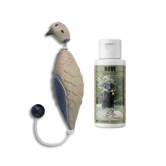 HuntEmUp Ultimate Dove Training Bundle – Mourning Dove Dummy & Concentrated Dove Dog Training Scent