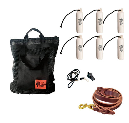 HuntEmUp Hunting Dog Essentials Training Kit -Large Canvas White Bumpers 6pc + Mesh Bumper Bag + Whistle & Lanyard + Braided Leash