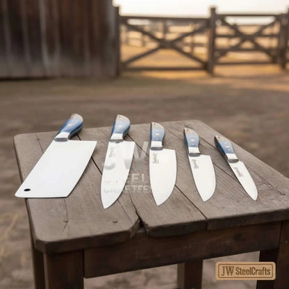Blue Wood Chef Knife Set – 5-Piece Handmade Kitchen Collection