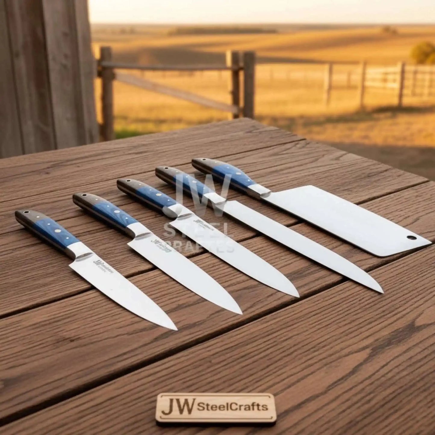 Blue Wood Chef Knife Set – 5-Piece Handmade Kitchen Collection