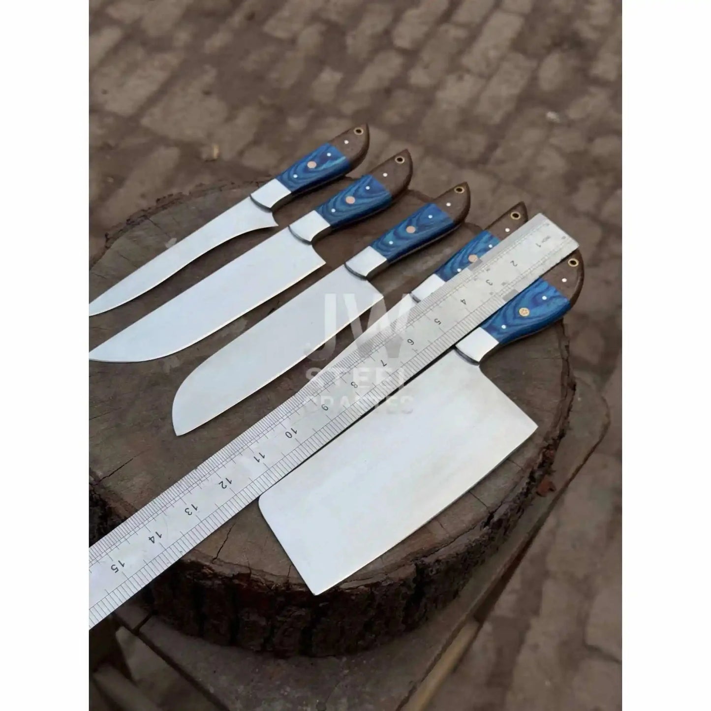 Blue Wood Chef Knife Set – 5-Piece Handmade Kitchen Collection