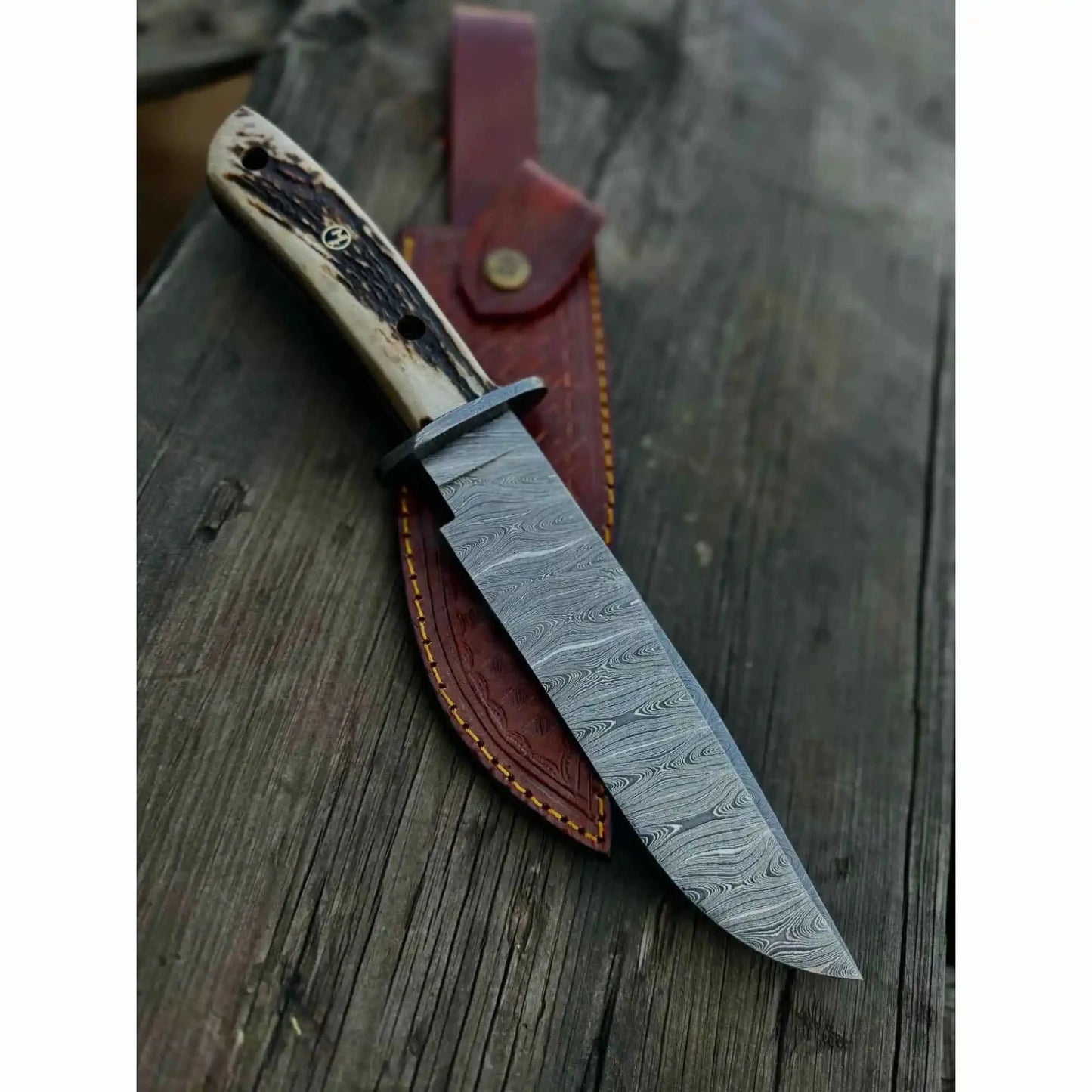 Clip Point Bowie Knife, Hand Forged Damascus Steel Blade, Antler Handle, Classic American Bowie with Leather Sheath