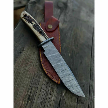 Clip Point Bowie Knife, Hand Forged Damascus Steel Blade, Antler Handle, Classic American Bowie with Leather Sheath