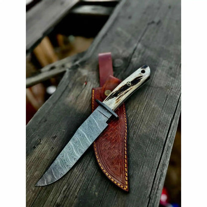 Clip Point Bowie Knife, Hand Forged Damascus Steel Blade, Antler Handle, Classic American Bowie with Leather Sheath