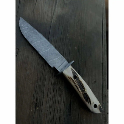 Clip Point Bowie Knife, Hand Forged Damascus Steel Blade, Antler Handle, Classic American Bowie with Leather Sheath