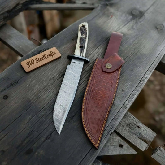 Clip Point Bowie Knife, Hand Forged Damascus Steel Blade, Antler Handle, Classic American Bowie with Leather Sheath