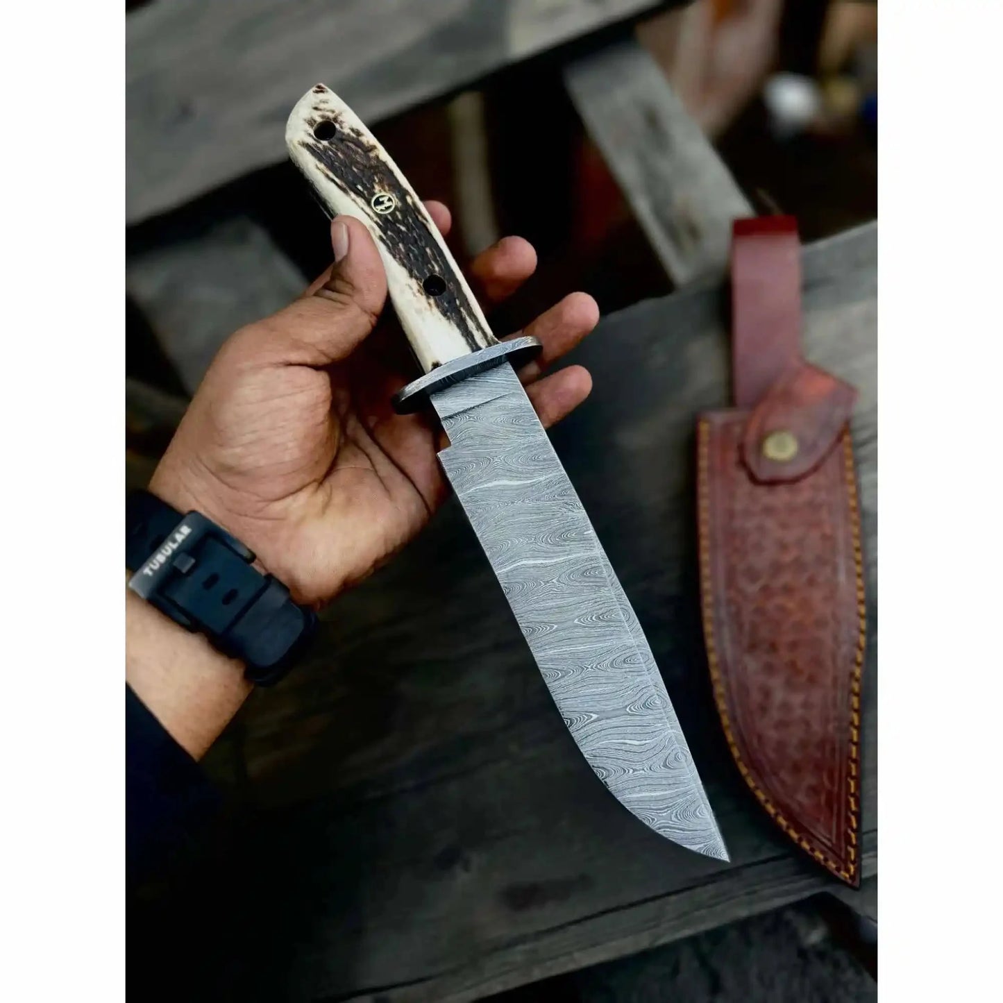 Clip Point Bowie Knife, Hand Forged Damascus Steel Blade, Antler Handle, Classic American Bowie with Leather Sheath