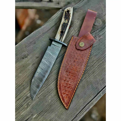 Clip Point Bowie Knife, Hand Forged Damascus Steel Blade, Antler Handle, Classic American Bowie with Leather Sheath