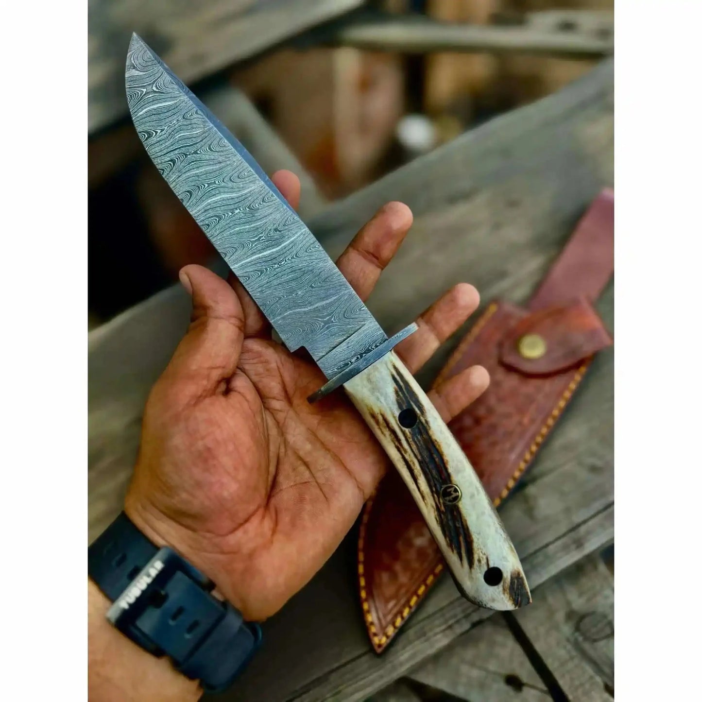 Clip Point Bowie Knife, Hand Forged Damascus Steel Blade, Antler Handle, Classic American Bowie with Leather Sheath