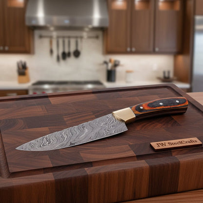 CUSTOM HAND FORGED DAMASCUS STEEL CHEF KNIFE WOOD AND BRASS HAndle