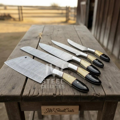 Damascus Chef Knife Set – 5-Piece Camel Bone & Black Micarta Handle Collection