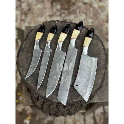 Damascus Chef Knife Set – 5-Piece Camel Bone & Black Micarta Handle Collection