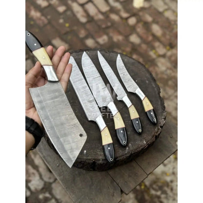 Damascus Chef Knife Set – 5-Piece Camel Bone & Black Micarta Handle Collection