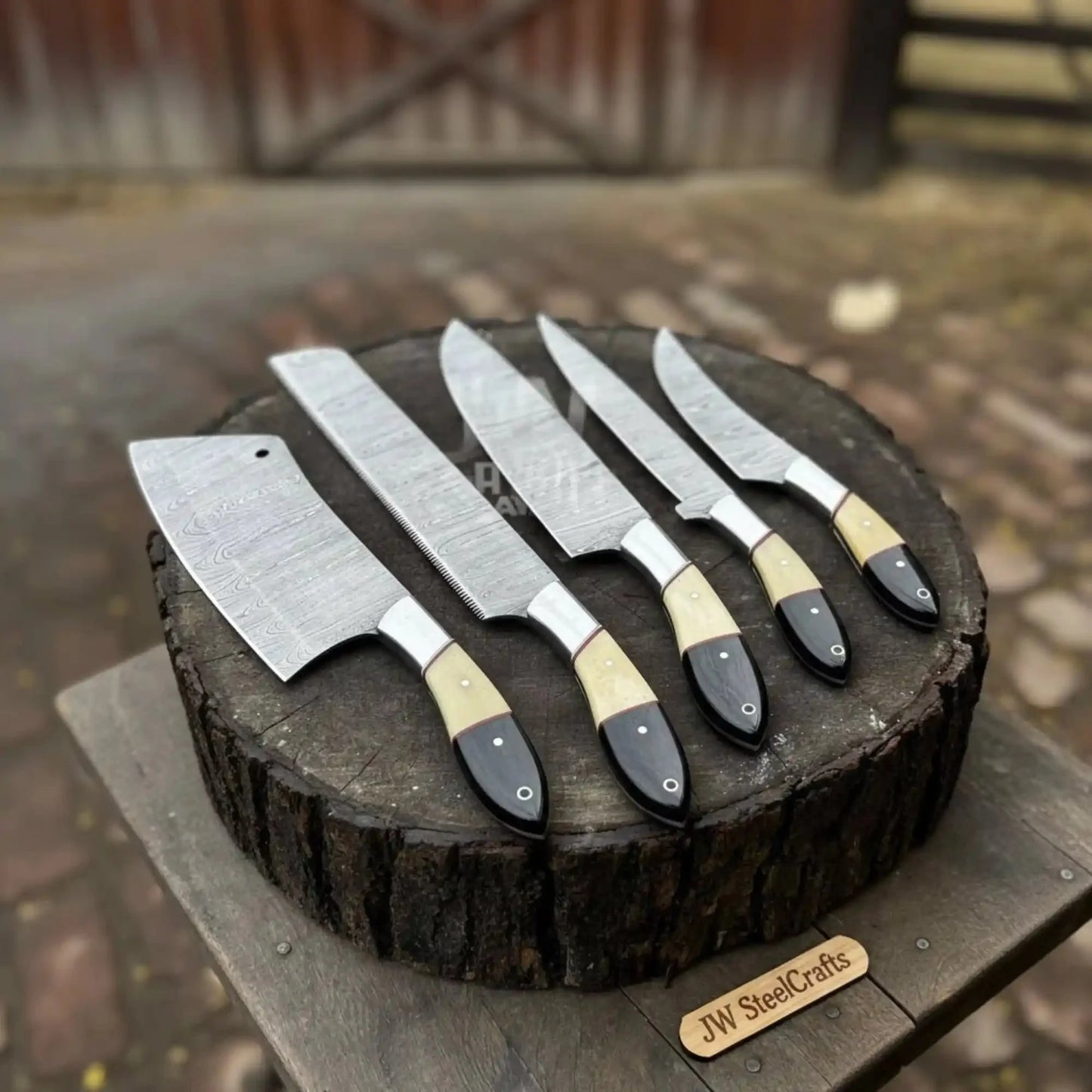 Damascus Chef Knife Set – 5-Piece Camel Bone & Black Micarta Handle Collection