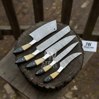 Damascus Chef Knife Set – 5-Piece Camel Bone & Black Micarta Handle Collection