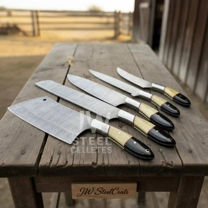 Damascus Chef Knife Set – 5-Piece Camel Bone & Black Micarta Handle Collection