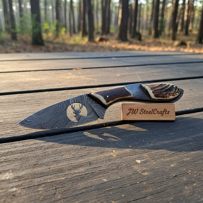 Damascus Skinner Knife Stag Handle 6.5” Fixed Blade