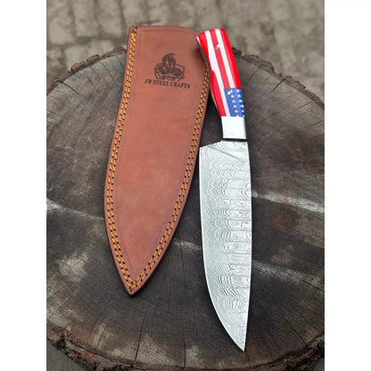 Damascus Steel Chef Knife with USA Flag Handle | Handmade Kitchen Knife