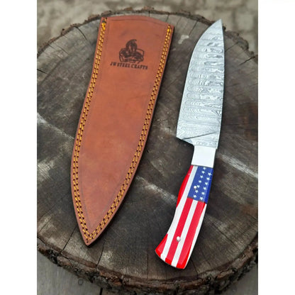Damascus Steel Chef Knife with USA Flag Handle | Handmade Kitchen Knife