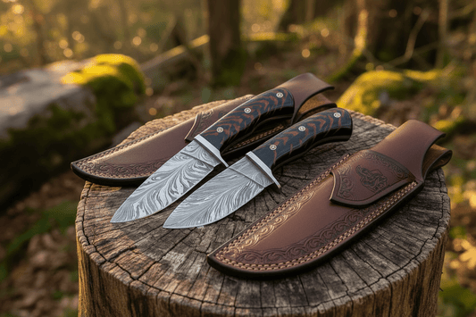 Feather Damascus Hunting Knife Set Fixed Blade