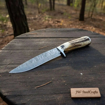 Frontier Bowie Knife Damascus Steel Clip Point Stag Handle Fixed Blade Hunting Knife