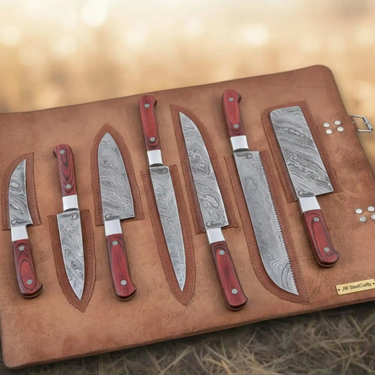 Hand-Forged Damascus Chef & Utility Knife Set in Leather Roll | Red Pakka Wood | Full Tang