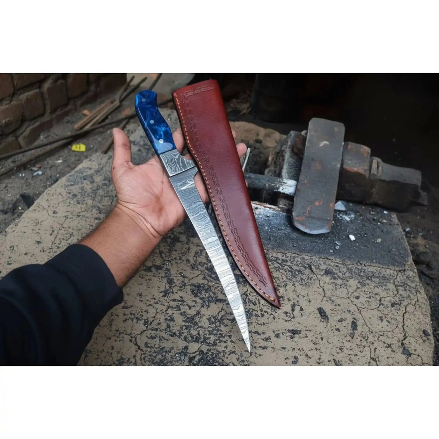 Hand-Forged Damascus Steel Fillet Knife – 8 Inch Flexible Fish Fillet Blade with Blue Resin Handle, Full Tang Professional Fishing Knife with Leather Sheath JW SteelCrafts