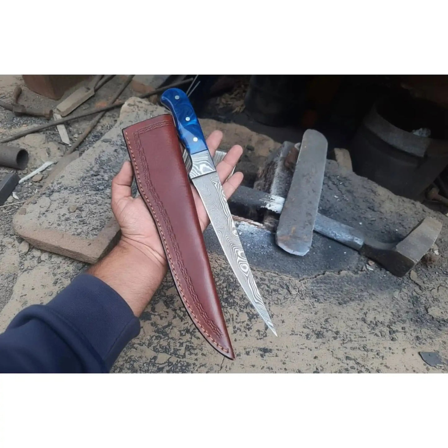 Hand-Forged Damascus Steel Fillet Knife – 8 Inch Flexible Fish Fillet Blade with Blue Resin Handle, Full Tang Professional Fishing Knife with Leather Sheath JW SteelCrafts