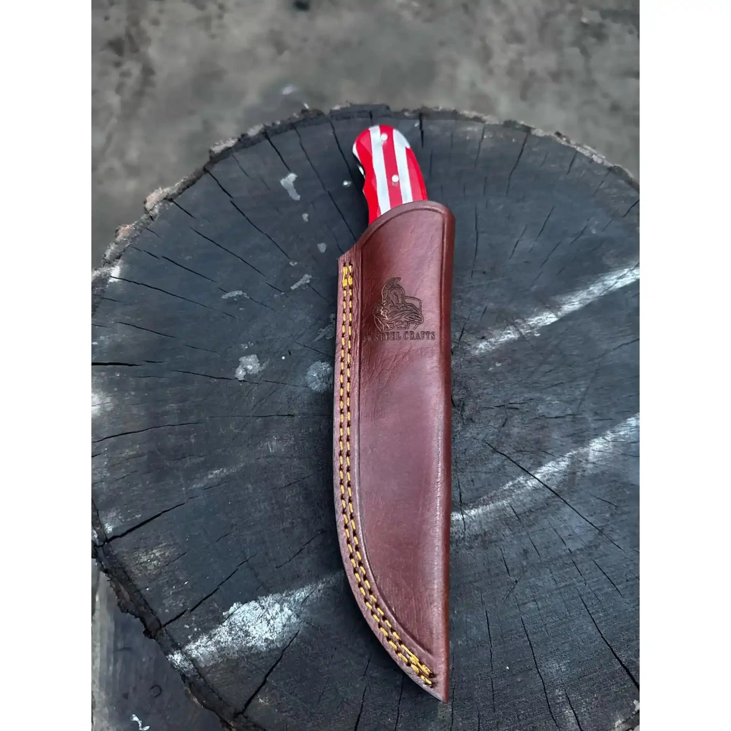 Handcrafted Damascus Steel Utility Knife with American Flag Handle | Leather Sheath | JW SteelCrafts