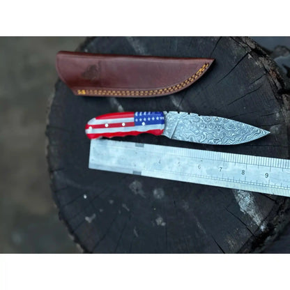 Handcrafted Damascus Steel Utility Knife with American Flag Handle | Leather Sheath | JW SteelCrafts