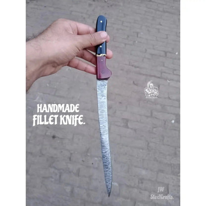 Handmade Damascus Boning Knife, Full Tang Fillet Knife with Black Micarta and Resin Handle, JW SteelCrafts