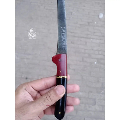 Handmade Damascus Boning Knife, Full Tang Fillet Knife with Black Micarta and Resin Handle, JW SteelCrafts