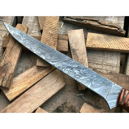 Handmade Damascus Fillet Knife – Flexible Fish Filleting Blade with Rosewood Handle, Full Tang Professional Fishing Knife, Leather Sheath Included, JW SteelCrafts