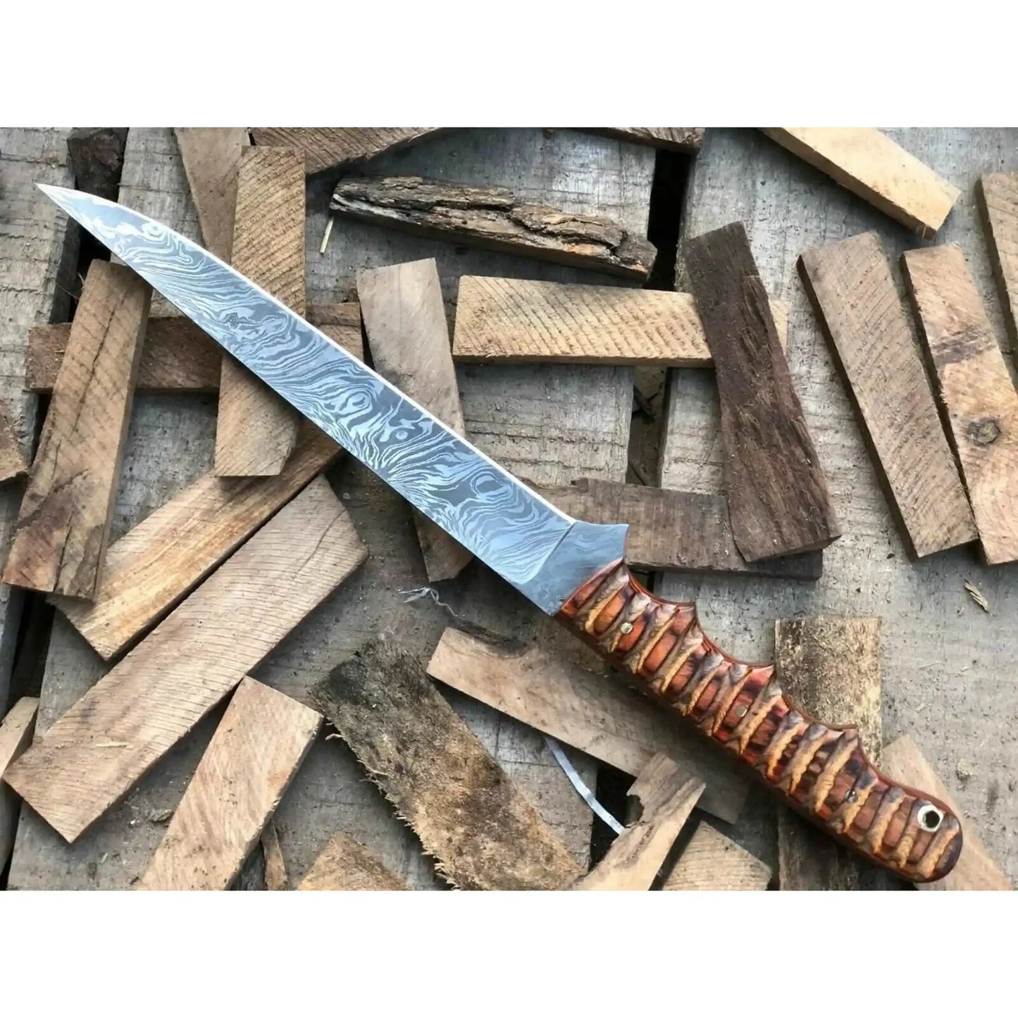 Handmade Damascus Fillet Knife – Flexible Fish Filleting Blade with Rosewood Handle, Full Tang Professional Fishing Knife, Leather Sheath Included, JW SteelCrafts