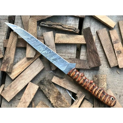 Handmade Damascus Fillet Knife – Flexible Fish Filleting Blade with Rosewood Handle, Full Tang Professional Fishing Knife, Leather Sheath Included, JW SteelCrafts