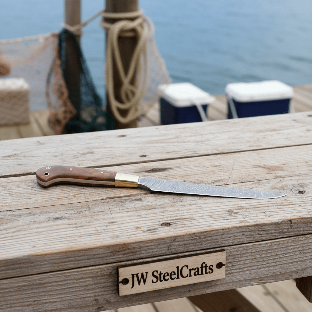 Handmade Damascus Fillet Knife – Flexible Fish Filleting Blade with Rosewood Handle, Full Tang Professional Fishing Knife, Leather Sheath Included, JW SteelCrafts