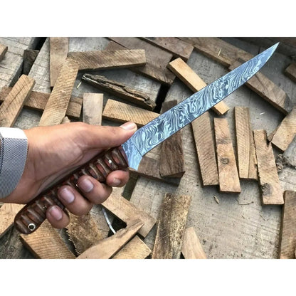Handmade Damascus Fillet Knife – Flexible Fish Filleting Blade with Rosewood Handle, Full Tang Professional Fishing Knife, Leather Sheath Included, JW SteelCrafts