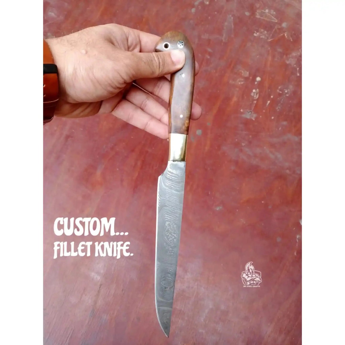 Handmade Damascus Fillet Knife – Flexible Fish Filleting Blade with Rosewood Handle, Full Tang Professional Fishing Knife, Leather Sheath Included, JW SteelCrafts