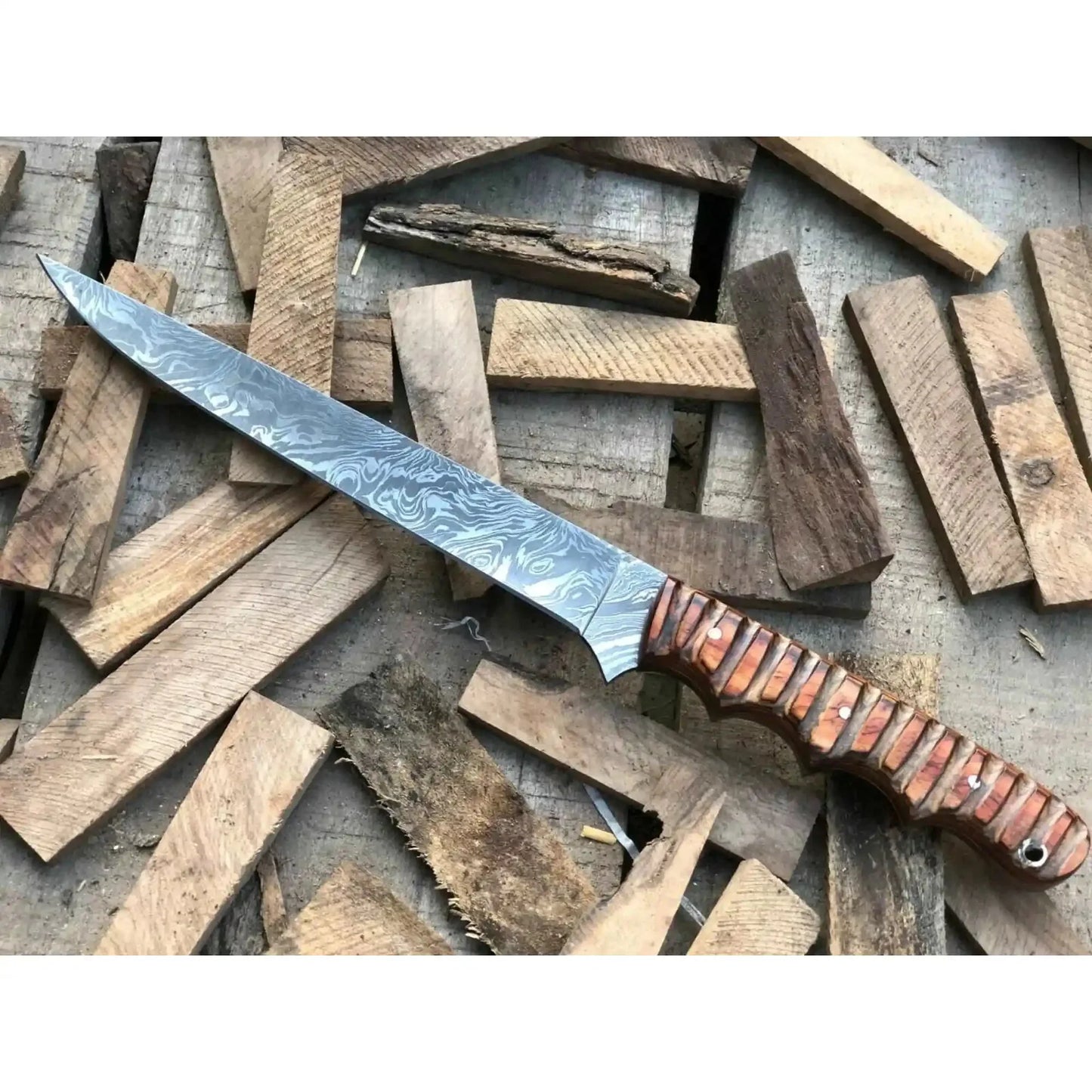Handmade Damascus Fillet Knife – Flexible Fish Filleting Blade with Rosewood Handle, Full Tang Professional Fishing Knife, Leather Sheath Included, JW SteelCrafts