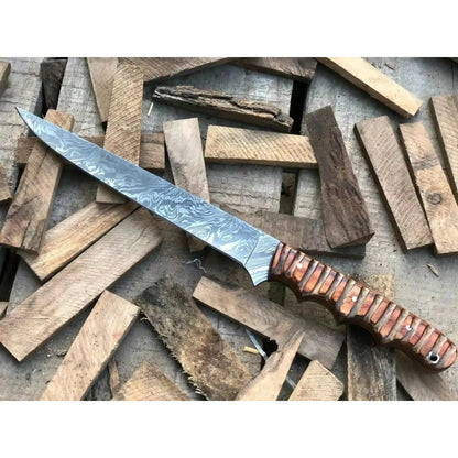 Handmade Damascus Fillet Knife – Flexible Fish Filleting Blade with Rosewood Handle, Full Tang Professional Fishing Knife, Leather Sheath Included, JW SteelCrafts
