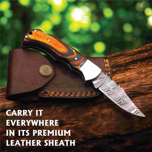 Handmade Damascus Folding Knife – Pakka Wood Handle (4 Color Variations)