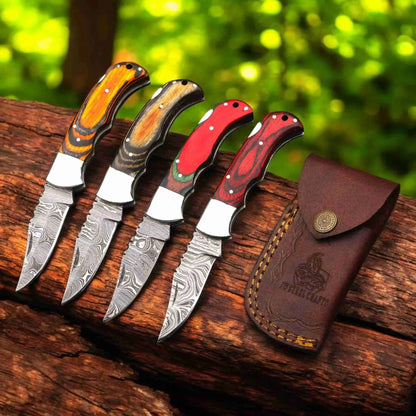 Handmade Damascus Folding Knife – Pakka Wood Handle (4 Color Variations)
