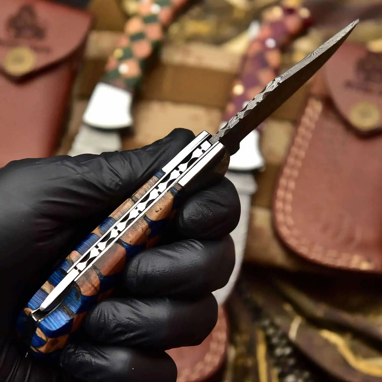 Handmade Damascus Folding Knife – Pakka Wood Handle (4 Color Variations)