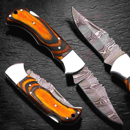 Handmade Damascus Folding Knife – Pakka Wood Handle (4 Color Variations)